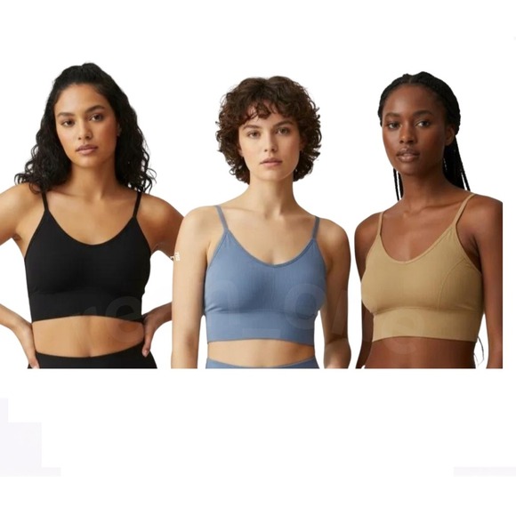 Unbranded Tops - Set Of 3 Women's Ribbed U-Shaped Back Crop Top Bra- Black, Blue & Beige NWOT